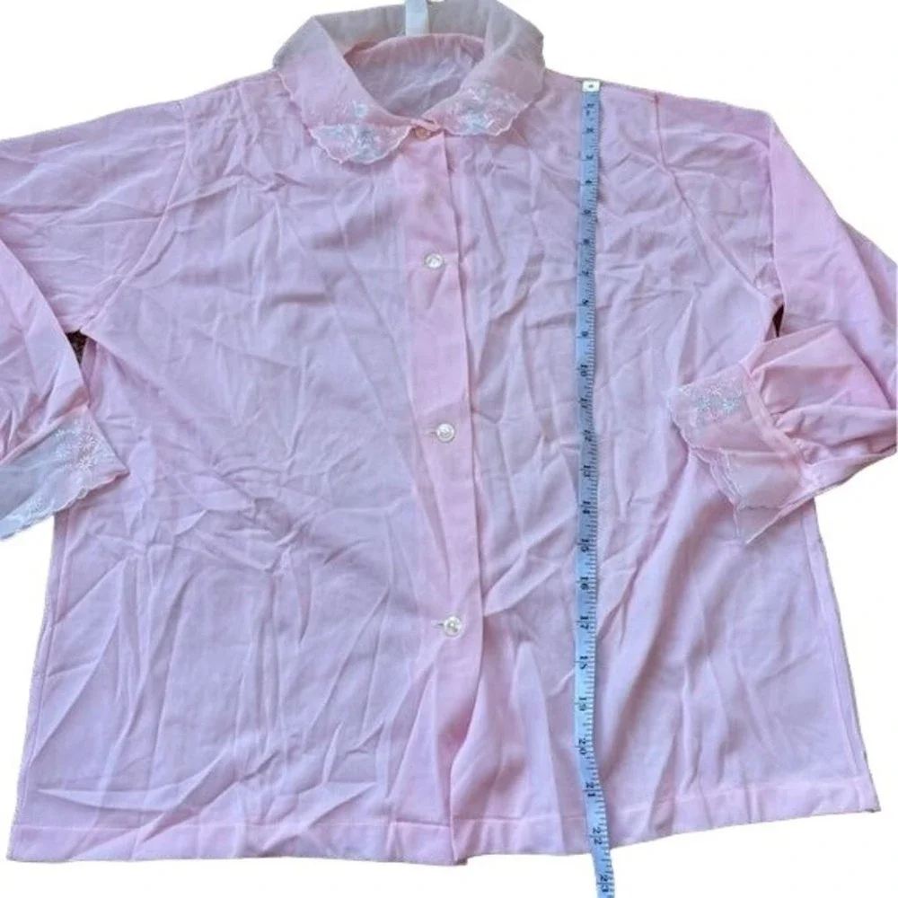 Vintage 60s Blouse Sleep Shirt Blush Pink Nylon Semi Sheer Top Floral Hems Sz 36 - Picture 10 of 11
